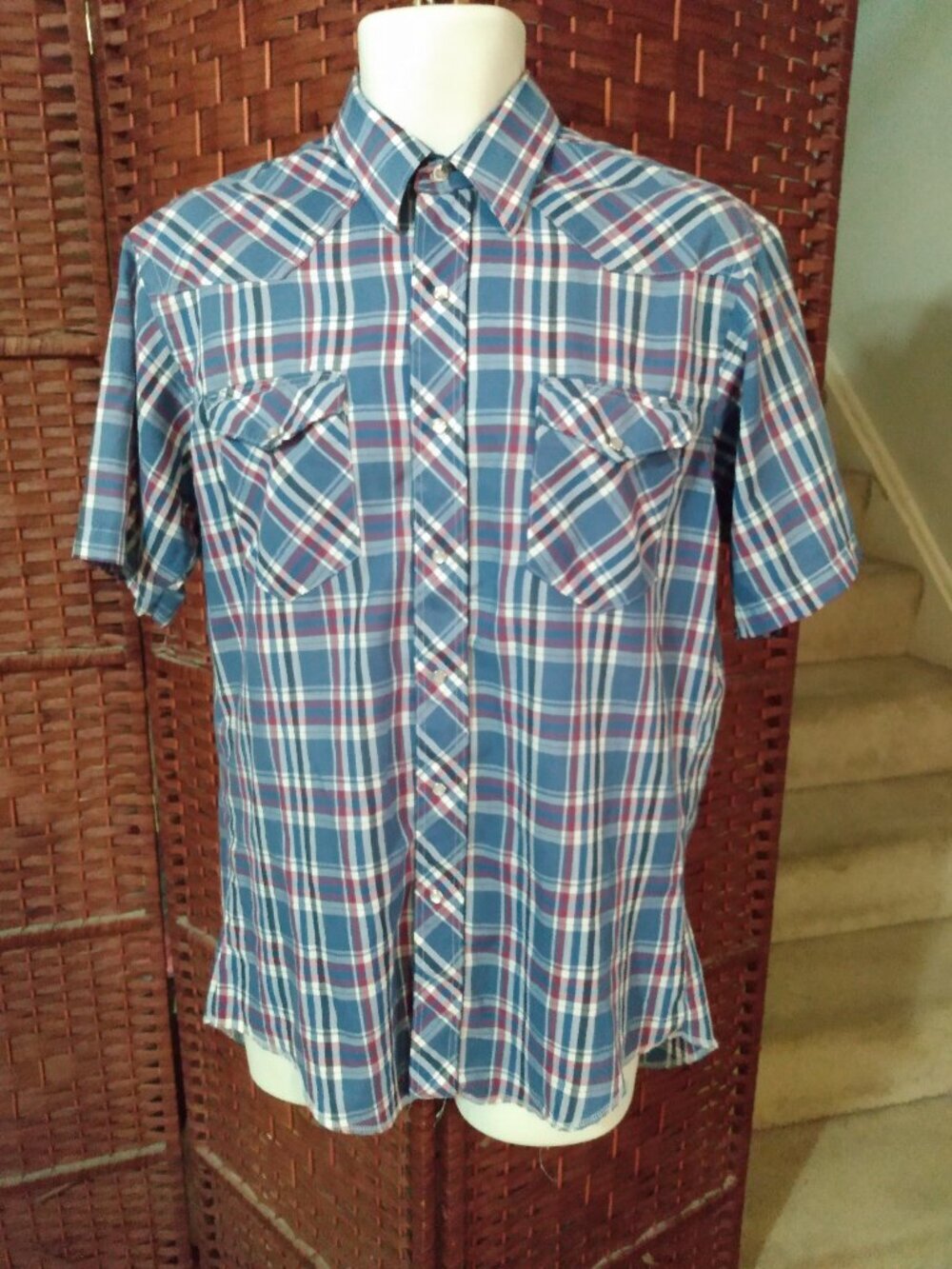 Vintage Wrangler Western Shirt Short Sleeve Cowboy Cut X- Long Tails Size 26